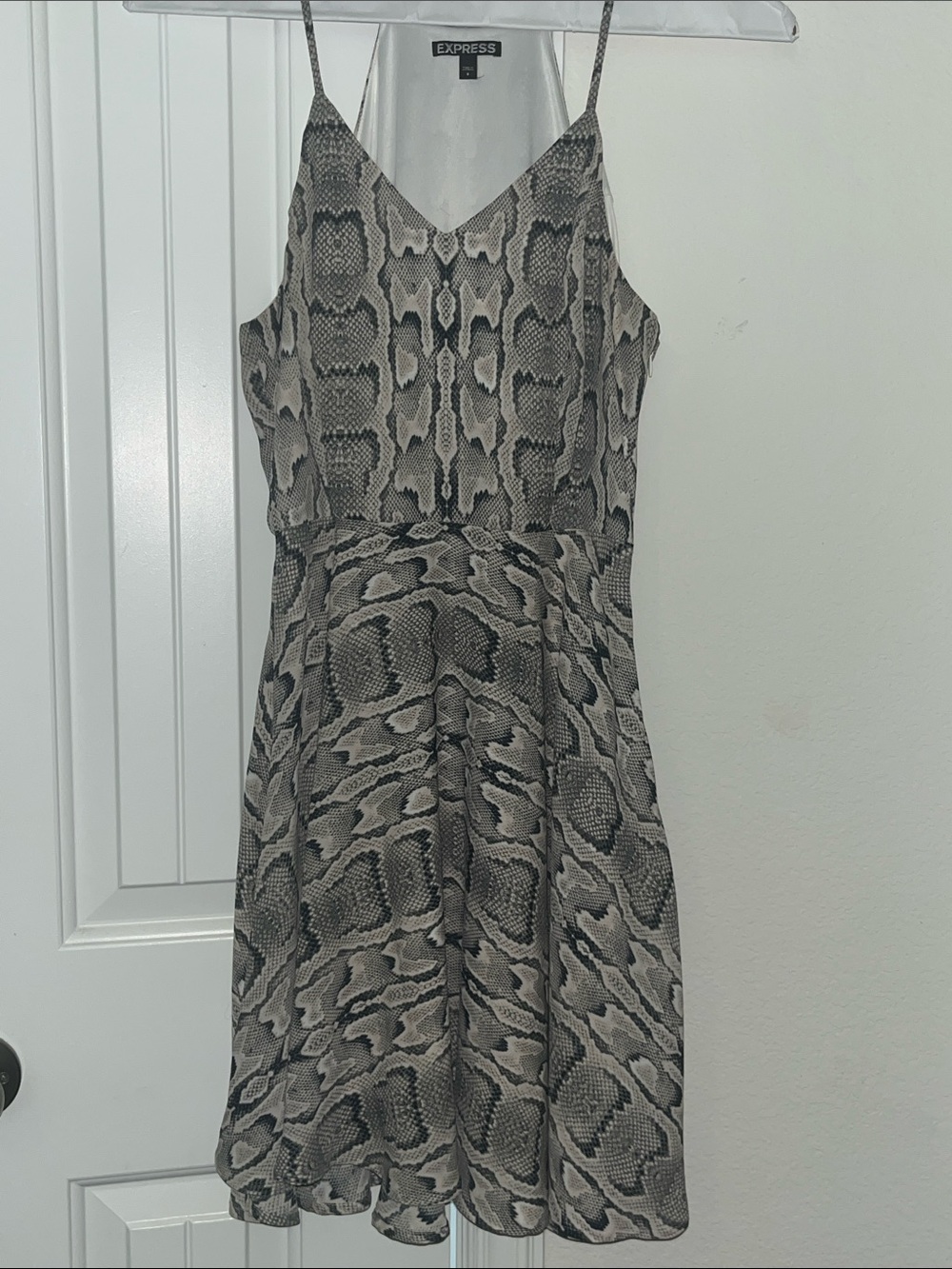Express Snake-Print Spaghetti Strap Mini Dress in Gray and Black
